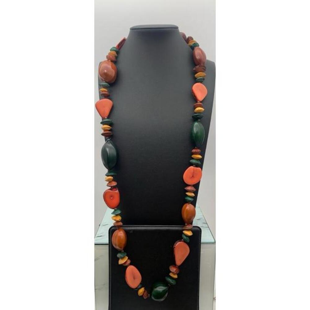 Vintage MCM Necklace Rich Bold Colors Fruit Pit Beaded Flat Wooden Long Boho 32”